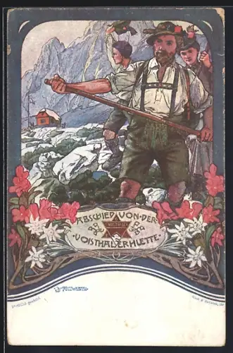 AK Abschied von der Voisthalerhütte, Bergbauern mit Blumen