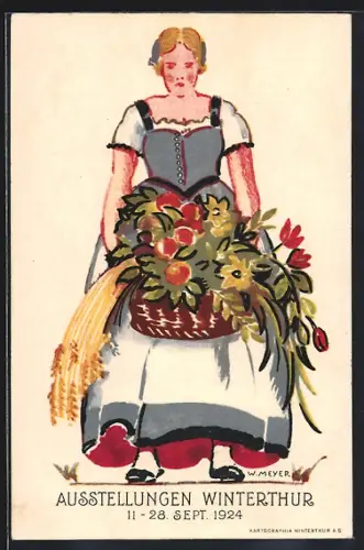 Künstler-AK Winterthur, Ausstellung f. Landwirtschaft und Gartenbau 1924, Bäuerin mit Blumen und Getreide