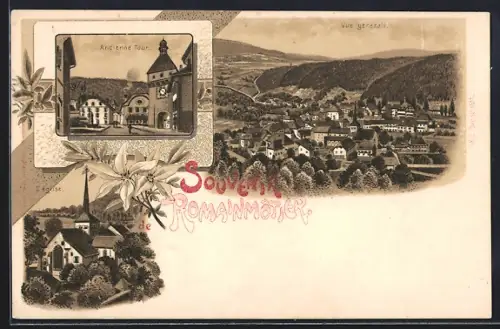 Lithographie Romainmôtier, Ancienne Tour, Vue generale, L`eglise