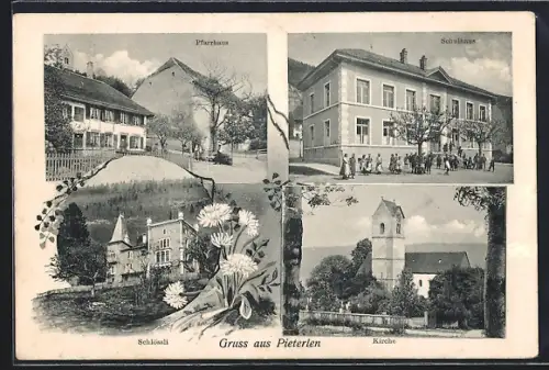 AK Pieterlen, Schlössli, Pfarrhaus, Schulhaus, Kirche
