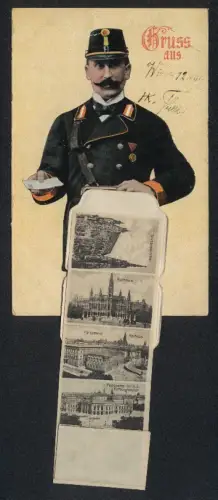 Leporello-AK Wien, Postbote mit Brief, Karlskirche, Parlament, Rathaus, Volksgarten mit Museen