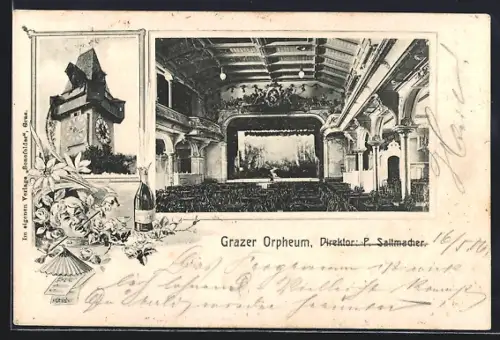 AK Graz, Saal des Orpheums, Direktor P. Saitmacher, Uhrturm