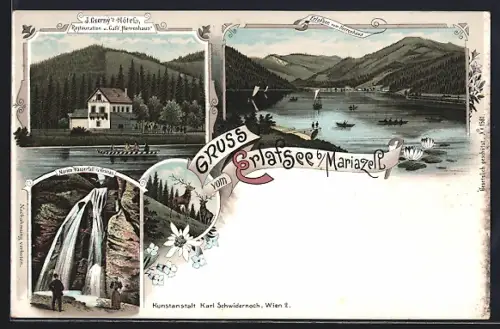 Lithographie Mariazell, Erlafsee, J. Czernys Hütte, Marien-Wasserfall