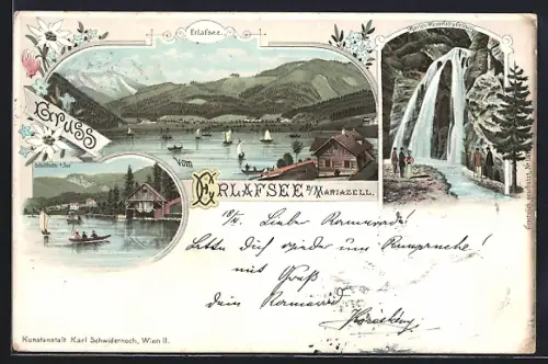 Lithographie Erlafsee b. Mariazell, Boote auf dem Erlafsee, Marien-Wasserfall i. d. Grünau