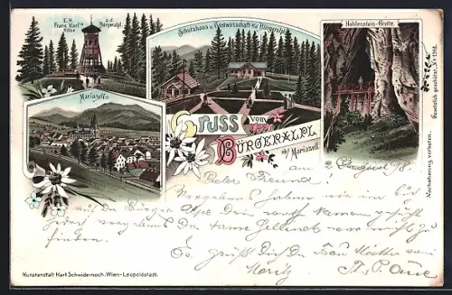Lithographie Mariazell, Schutzhaus und Gasthof a/d Bürgeralpl