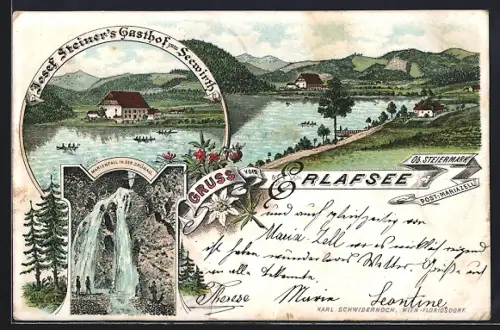 Lithographie Erlafsee, Josef Steiners Gasthof zum Seewirth, Marienfall in der Grünau