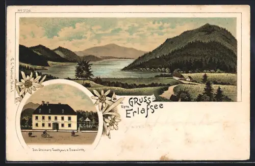 Lithographie Erlafsee, Jos. Steiners Gasthaus z. Seewirth, Blick über den See und Umgebung