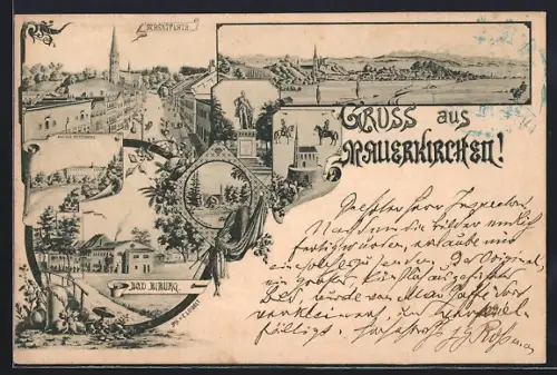 Lithographie Mauerkirchen, Bad Biburg, Marktplatz, Schloss Spitzenberg, St. Florian