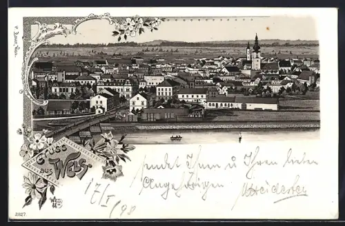 Lithographie Wels, Gesamtansicht mit Donaupartie und Kirche
