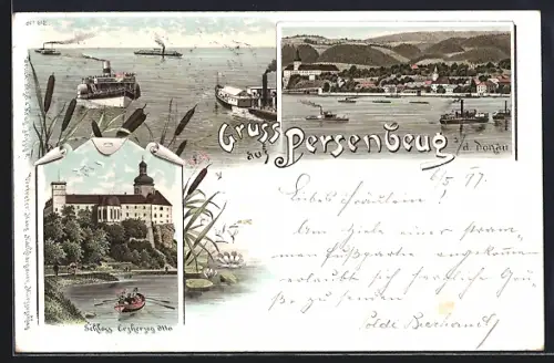 Lithographie Persenbeug a / d. Donau, Schloss ERzherzog Otto, Teilansicht, Dampfer in Fahrt