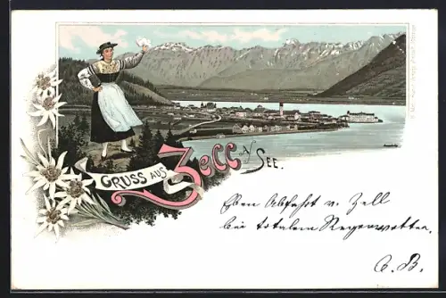 Lithographie Zell a. See, Ortsansicht mit Bergpanorama, Dame in Tracht mit Edelweiss
