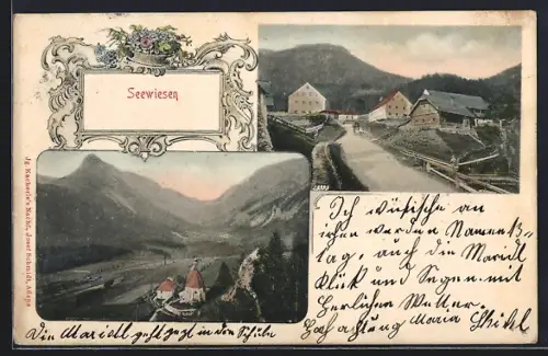 AK Seewiesen, Teilansicht mit Kirche, Tal und Gebirge, Häuser an Landstrasse