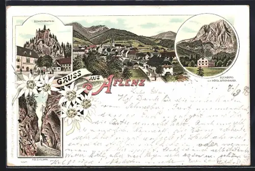 Lithographie Aflenz, Hotel Bodenbauer mit Buchberg, Fölz Klamm