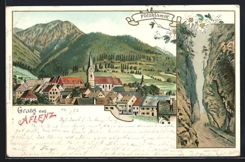 Lithographie Aflenz, Ortsansicht und Fölzklamm