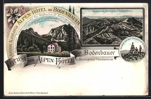 Lithographie Thörl /Stmk., Buchberg, Hotel zum Bodenbauer A. Karlon, Pyramide auf dem Hochschwab, Bergpanorama