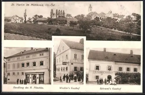 AK St. Martin im Mühlkreis, Winklers Gasthof, Schramls Gasthof, Handlung H. Pötschko, Ortsansicht