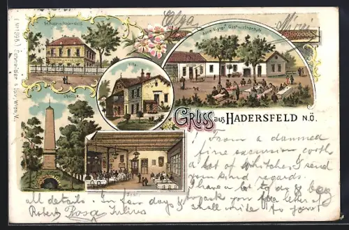 Lithographie Hadersfeld /N. Ö., Alois Aigners Gastwirtschaft, Saal, Villa, Schule, Obelisk