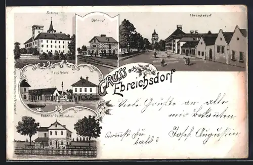 Lithographie Ebreichsdorf, Bahnhof-Restaurant, Schloss, Hauptplatz