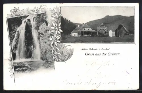 AK Mariazell, Gruss aus der Grünau, Anton Hofmaier`s Gasthaus, Marien-Fall