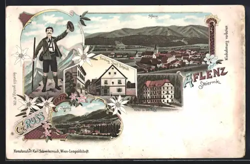 Lithographie Aflenz /Steiermark, Hotel in der Fölz, Handlung Josef Schmidt, Ortsansicht