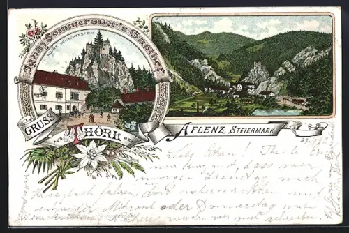 Lithographie Thörl b. Aflenz, Ignaz Sommerauers Gasthof, Ruine Schachenstein, Ortsansicht