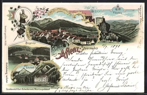 Lithographie Aflenz /Steiermark, Hotel Hochschwab, Bürgeralpe, Fölzstein, Ortsansicht