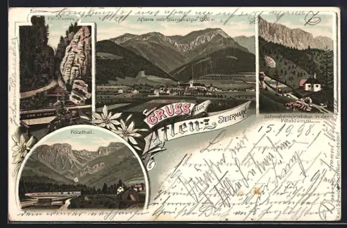 Lithographie Aflenz, Gasthof Schwabenwirtshaus in der Fölzklamm, Ortsansicht mit Bürgeralpe