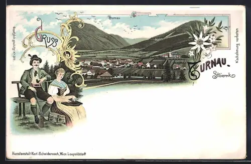 Lithographie Turnau /Steiermark, Ortsansicht aus der Vogelschau, Paar in Tracht