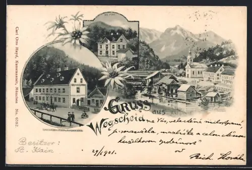 Lithographie Mariazell, Gruss aus Wegscheid, Gasthaus z. Post, Bes. A. Kain, Post, Ortsansicht