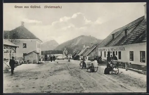 AK Mariazell, Gruss aus Gollrad, Einkehr-Gasthof zur Post v. F. A. Egger, Leute auf Rodeln