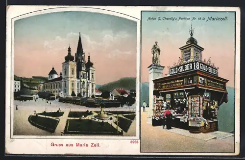 AK Maria Zell, Anton G. Charellys Pavillon Nr. 18, Verkauf von Ansichtskarten, Platz mit Kirche