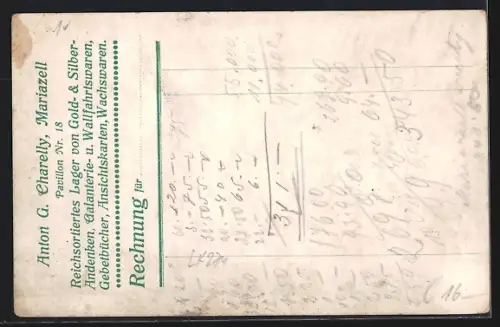 AK Maria Zell, Anton G. Charellys Pavillon Nr. 18, Verkauf von Ansichtskarten, Platz mit Kirche