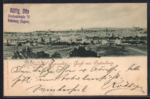 AK Oedenburg, Gesamtansicht mit Feldern aus der Vogelschau