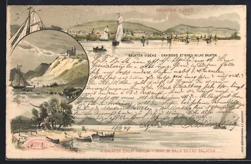 Lithographie Balaton-Füred, Rive de Zala, Tihany, Panorama