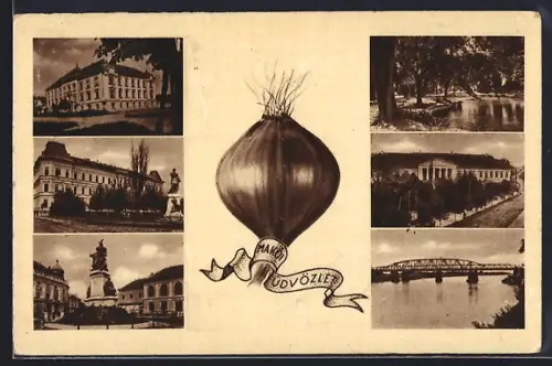 AK Makó, Brücke, Denkmal, Gebäudeansichten, Zwiebel