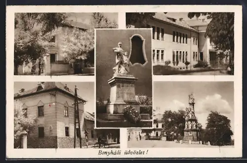 AK Bonyhad, Kriegerdenkmal, Säulendenkmal, Gebäudeansichten