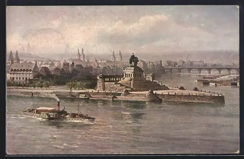 AK Koblenz, Kaiser-Wilhelm-Denkmal am Deutschen Eck, Dampfer