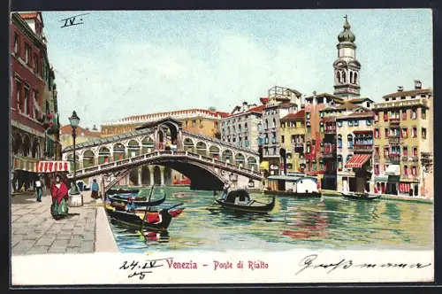 Künstler-AK Venezia, Ponte di Rialto, Gondeln am Ufer