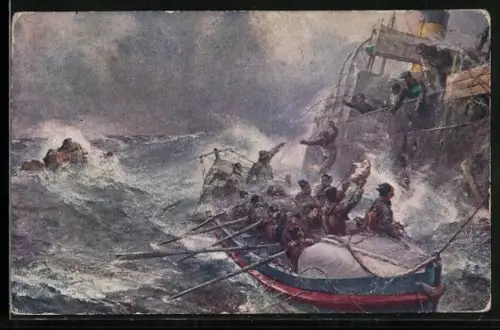 Künstler-AK Royal National Life-Boat Institution, On a Lee Shore, Seenotrettungsboot wirft Rettungsseil aus