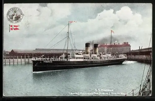 AK Passagierschiff SS Hibernia verlässt den Hafen von Holyhead Harbour Richtung Dublin, L. & N. W. R.