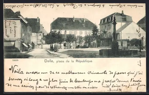 AK Delle, place de la République avec bâtiments historiques et fontaine centrale
