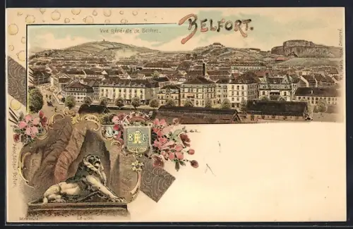 AK Belfort, Vue générale de Belfort avec le Lion de Belfort et décorations florales