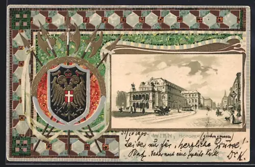 Lithographie Wien, Hofoper mit Passanten und Strassenbahn, Passepartout mit Wappen