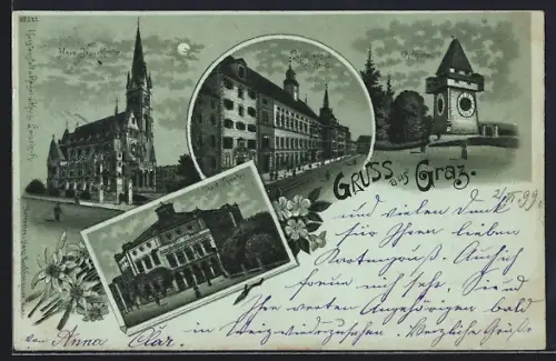 AK Graz, Herz-Jesu-Kirche, Landhaus und Rathhaus, Stadt-Theater, Uhrthurm