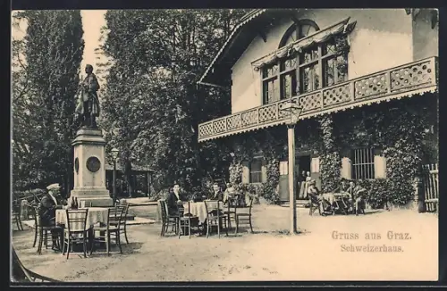 AK Graz, Gaststätte Schweizerhaus, Gebäude mit Denkmal und Gästen im Garten