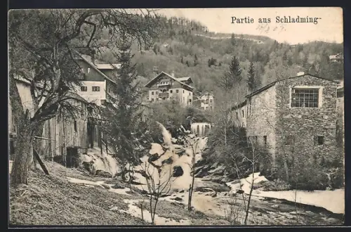 AK Schladming, Ortspartie mit Wasserfall im Winter