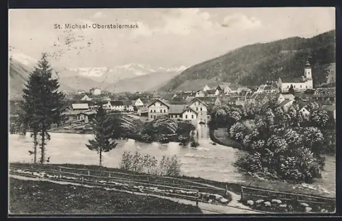 AK St. Michael /Obersteiermark, Totalansicht mit Holzstoff-Fabrik vom Wasser aus
