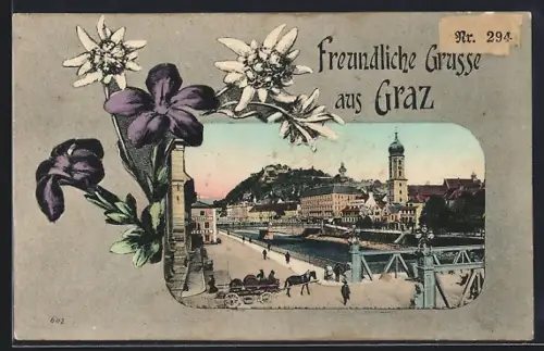 AK Graz, Brückenpartie mit Haus Fabrikant Ichler, Turm und Bergblick, Edelweiss-Strauss