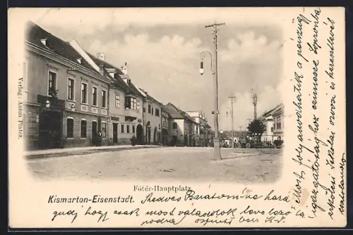 AK Kismarton-Eisenstadt, Hauptplatz, Panorama mit Säulendenkmal, Strommasten u. Strassenlaternen