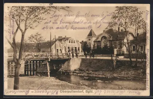 AK Oberpullendorf /Bgld., Ortspanorama mit Brücke und Turmgebäude